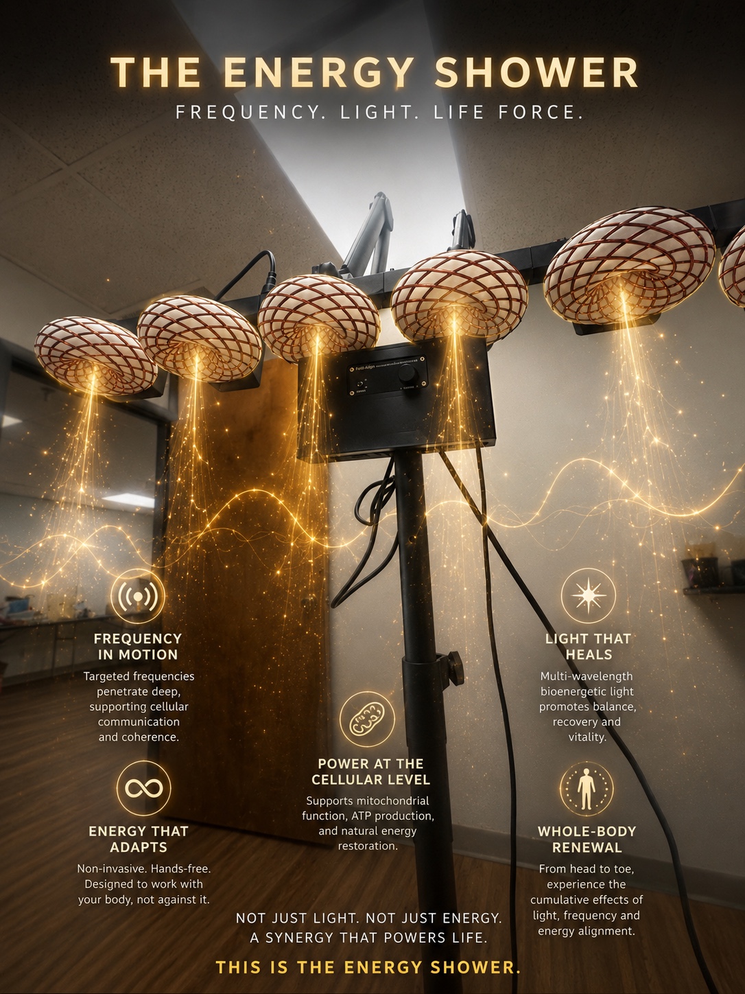 The Energy Shower system: a row of toroidal coils mounted on a freestanding overhead frame
